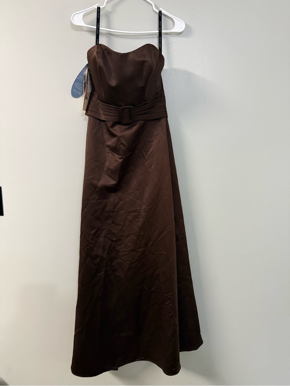 Alfred Angelo Strapless Brown Satin Gown with Pleated Belt